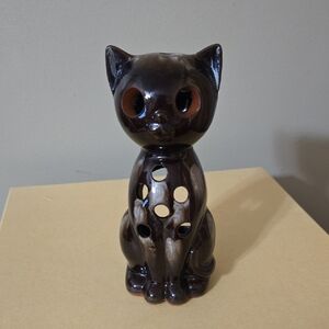 Ceramic Brown Cat Figurine Candleholder 7.5 Inches